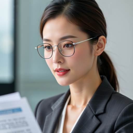 三十五岁左右女性头像，戴眼镜，穿深色职业装，白色背景