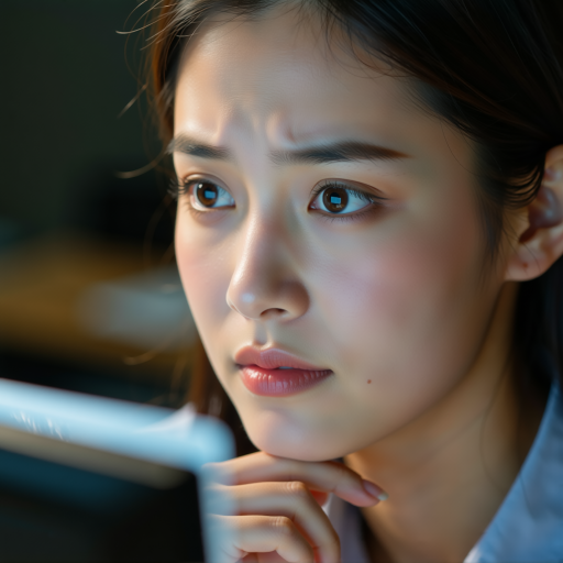 二十八岁左右女性头像，穿休闲T恤，专注工作表情，办公室背景